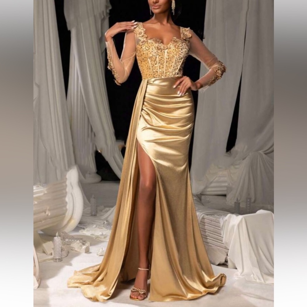 Luxe sweetheart neck appliqués slit thigh party formal evening sequins dress
